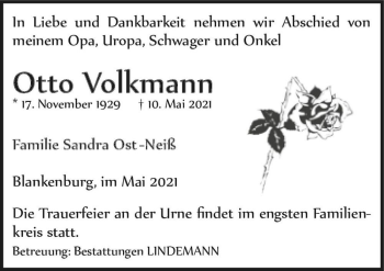 Traueranzeige von Otto Volkmann  von Magdeburger Volksstimme