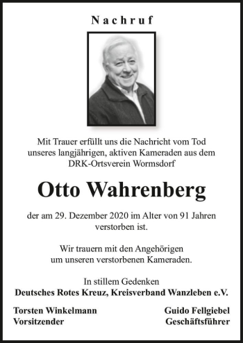 Traueranzeige von Otto Wahrenberg  von Magdeburger Volksstimme