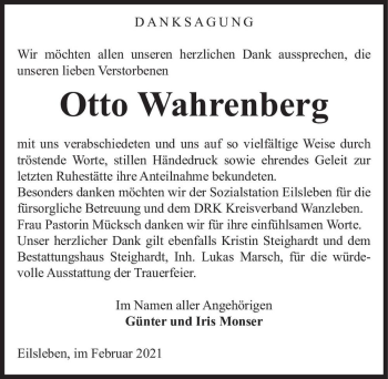 Traueranzeige von Otto Wahrenberg  von Magdeburger Volksstimme