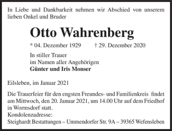 Traueranzeige von Otto Wahrenberg  von Magdeburger Volksstimme