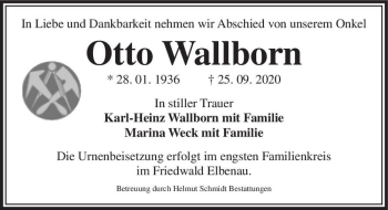 Traueranzeige von Otto Wallborn  von Magdeburger Volksstimme