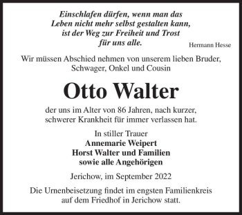Traueranzeige von Otto Walter  von Magdeburger Volksstimme