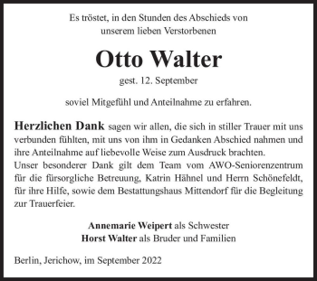 Traueranzeige von Otto Walter  von Magdeburger Volksstimme