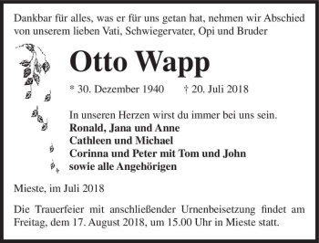 Traueranzeige von Otto Wapp  von Magdeburger Volksstimme