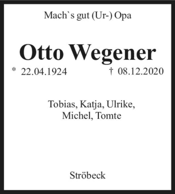 Traueranzeige von Otto Wegener  von Magdeburger Volksstimme