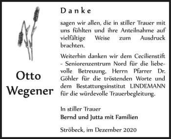 Traueranzeige von Otto Wegener  von Magdeburger Volksstimme
