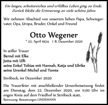 Traueranzeige von Otto Wegener  von Magdeburger Volksstimme