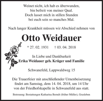 Traueranzeige von Otto Weidauer  von Magdeburger Volksstimme
