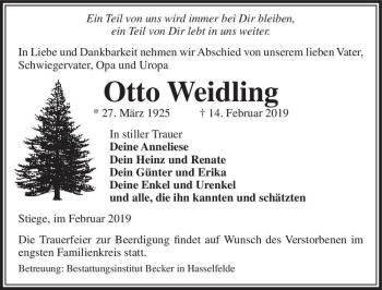 Traueranzeige von Otto Weidling  von Magdeburger Volksstimme