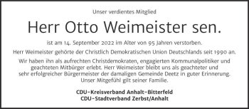 Traueranzeige von Otto Weimeister  von Magdeburger Volksstimme