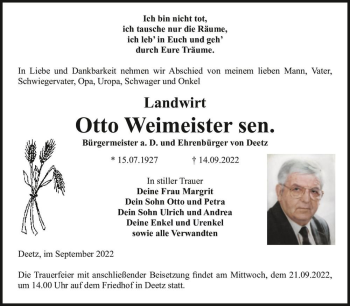 Traueranzeige von Otto Weimeister  von Magdeburger Volksstimme