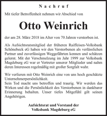 Traueranzeige von Otto Weinrich  von Magdeburger Volksstimme