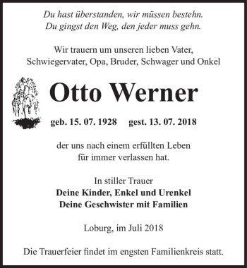 Traueranzeige von Otto Werner  von Magdeburger Volksstimme