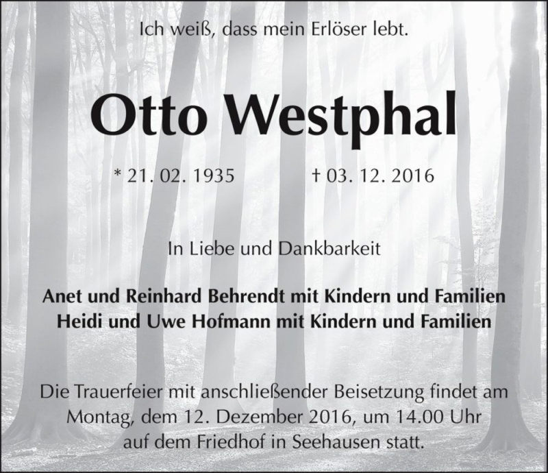  Traueranzeige für Otto Westphal  vom 06.12.2016 aus Magdeburger Volksstimme