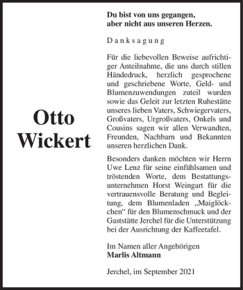 Traueranzeige von Otto Wickert  von Magdeburger Volksstimme