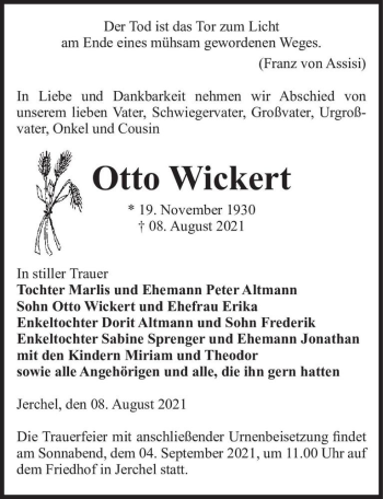 Traueranzeige von Otto Wickert  von Magdeburger Volksstimme