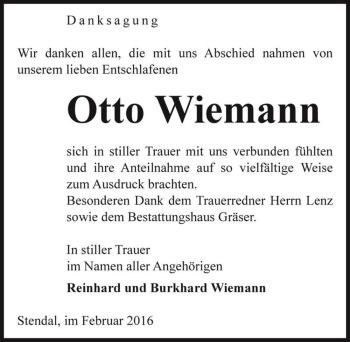 Traueranzeige von Otto Wiemann  von Magdeburger Volksstimme