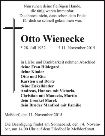 Traueranzeige von Otto Wienecke  von Magdeburger Volksstimme