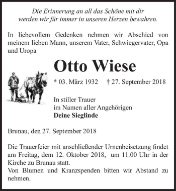 Traueranzeige von Otto Wiese  von Magdeburger Volksstimme