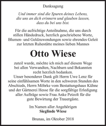 Traueranzeige von Otto Wiese  von Magdeburger Volksstimme