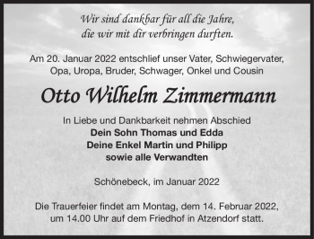 Traueranzeige von Otto Wilhelm Zimmermann  von Magdeburger Volksstimme