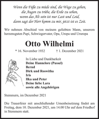 Traueranzeige von Otto Wilhelmi  von Magdeburger Volksstimme