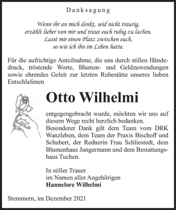 Traueranzeige von Otto Wilhelmi  von Magdeburger Volksstimme