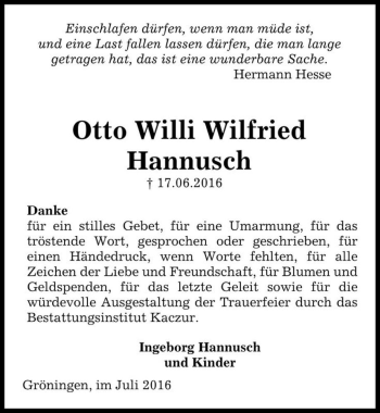 Traueranzeige von Otto Willi Wilfried Hannusch  von Magdeburger Volksstimme