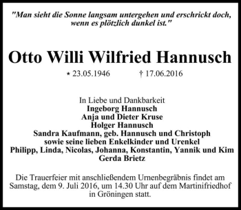 Traueranzeige von Otto Willi Wilfried Hannusch  von Magdeburger Volksstimme