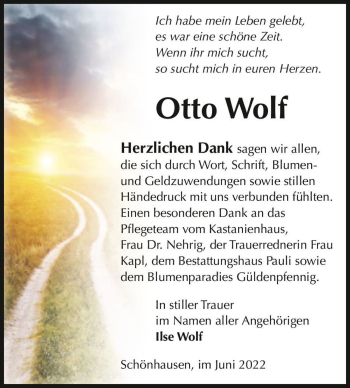 Traueranzeige von Otto Wolf  von Magdeburger Volksstimme