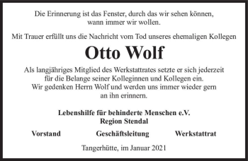 Traueranzeige von Otto Wolf  von Magdeburger Volksstimme