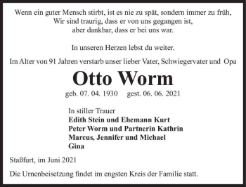 Traueranzeige von Otto Worm  von Magdeburger Volksstimme