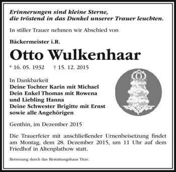 Traueranzeige von Otto Wulkenhaar  von Magdeburger Volksstimme