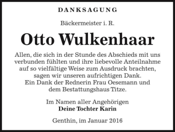 Traueranzeige von Otto Wulkenhaar  von Magdeburger Volksstimme