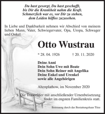 Traueranzeige von Otto Wustrau  von Magdeburger Volksstimme