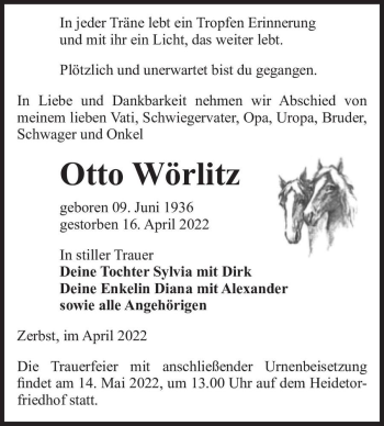 Traueranzeige von Otto Wörlitz  von Magdeburger Volksstimme