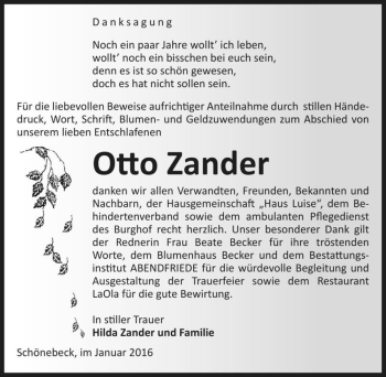 Traueranzeige von Otto Zander  von Magdeburger Volksstimme