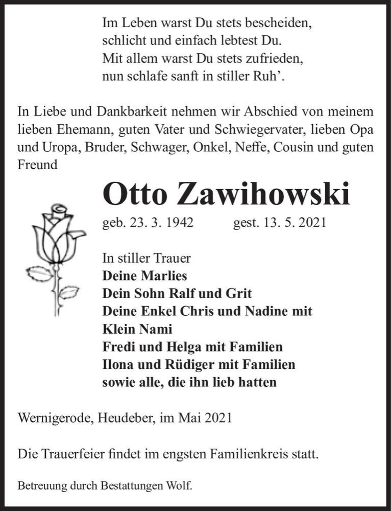  Traueranzeige für Otto Zawihowski  vom 22.05.2021 aus Magdeburger Volksstimme