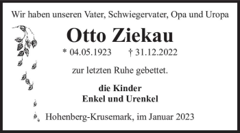 Traueranzeige von Otto Ziekau  von Magdeburger Volksstimme