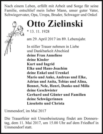 Traueranzeige von Otto Zielinski  von Magdeburger Volksstimme