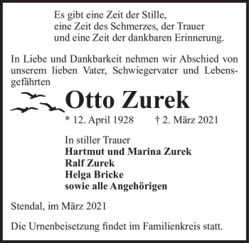 Traueranzeige von Otto Zurek  von Magdeburger Volksstimme