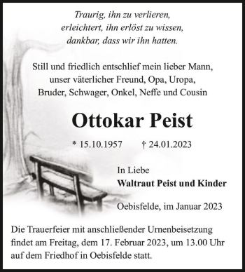 Traueranzeige von Ottokar Peist  von Magdeburger Volksstimme
