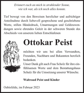 Traueranzeige von Ottokar Peist  von Magdeburger Volksstimme