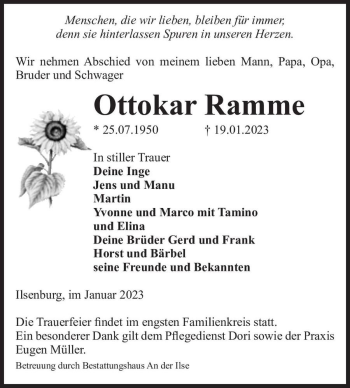 Traueranzeige von Ottokar Ramme  von Magdeburger Volksstimme