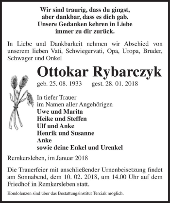 Traueranzeige von Ottokar Rybarczyk  von Magdeburger Volksstimme