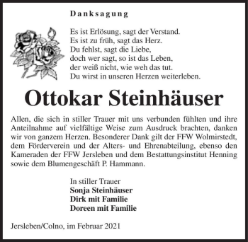Traueranzeige von Ottokar Steinhäuser  von Magdeburger Volksstimme
