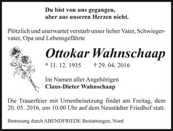 Traueranzeige von Ottokar Wahnschaap  von Magdeburger Volksstimme