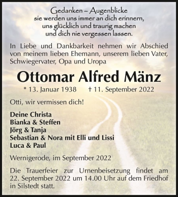 Traueranzeige von Ottomar Alfred Mänz  von Magdeburger Volksstimme