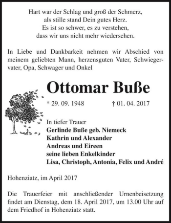Traueranzeige von Ottomar Buße  von Magdeburger Volksstimme