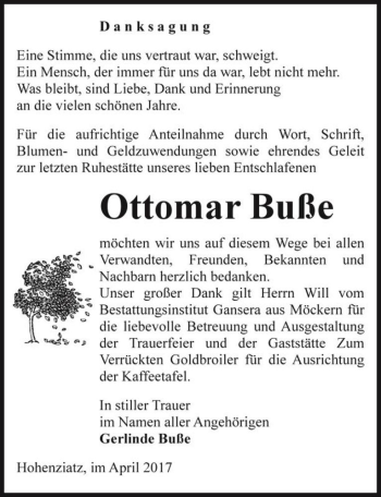 Traueranzeige von Ottomar Buße  von Magdeburger Volksstimme